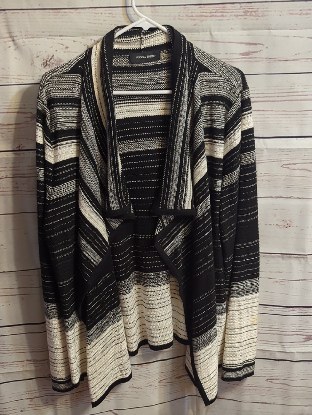 Ivanka Trump Black & White Striped Cascade Cardigan